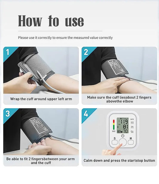 An elderly person using an automatic digital blood pressure monitor on their upper arm to check heart rate and BP levels.