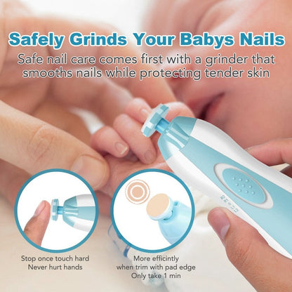 Close-up of a mother using a pink electric baby nail trimmer file on an infant's tiny hand during sleep.