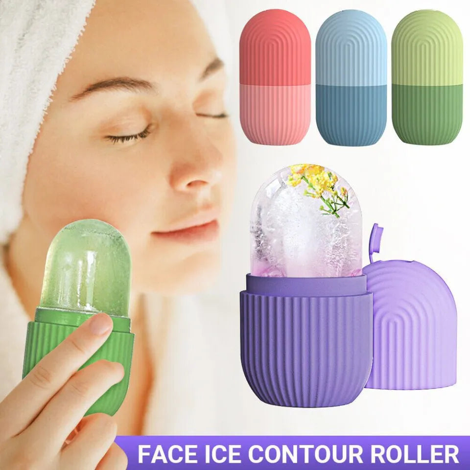 Close-up of a woman using a facial ice roller under her eyes to reduce morning puffiness and dark circles.