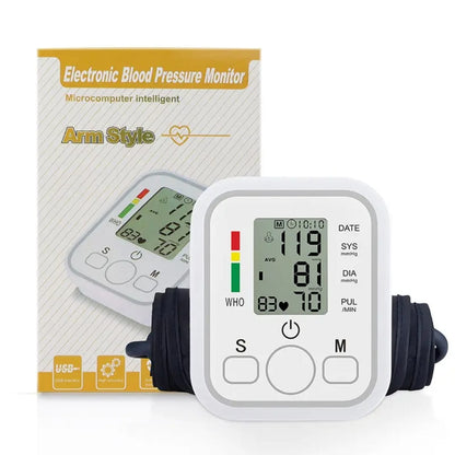 An elderly person using an automatic digital blood pressure monitor on their upper arm to check heart rate and BP levels.