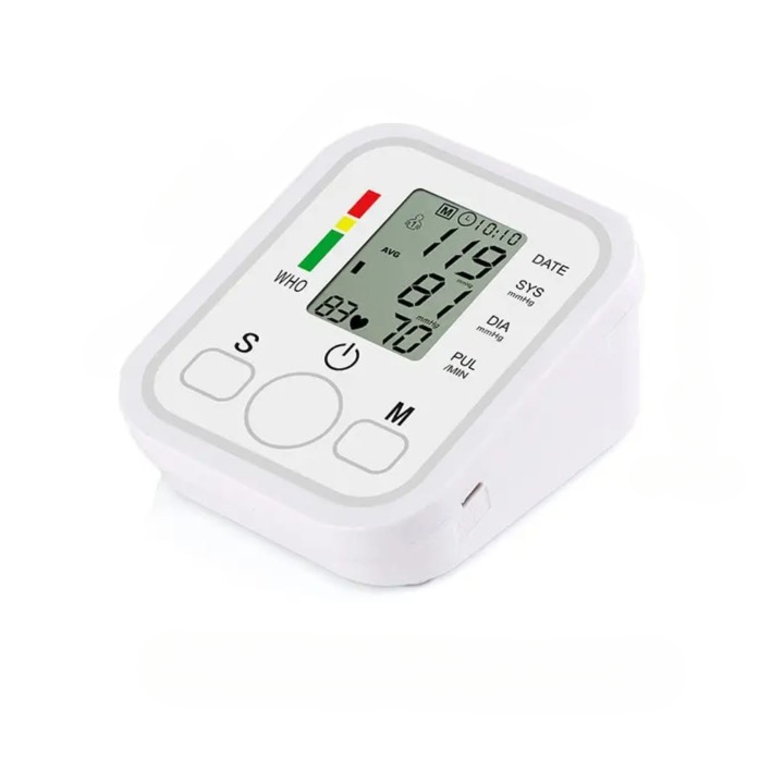 An elderly person using an automatic digital blood pressure monitor on their upper arm to check heart rate and BP levels.