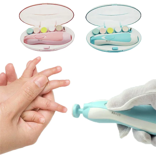 Close-up of a mother using a pink electric baby nail trimmer file on an infant's tiny hand during sleep.