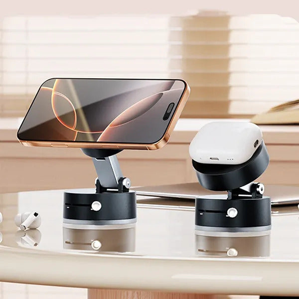 Close-up of an iPhone snapping securely onto a sleek magnetic car phone mount on a dashboard during a bumpy drive.