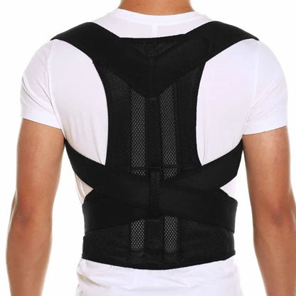 Close-up of a man wearing a black adjustable posture corrector belt over his t-shirt to fix rounded shoulders and hunchback.