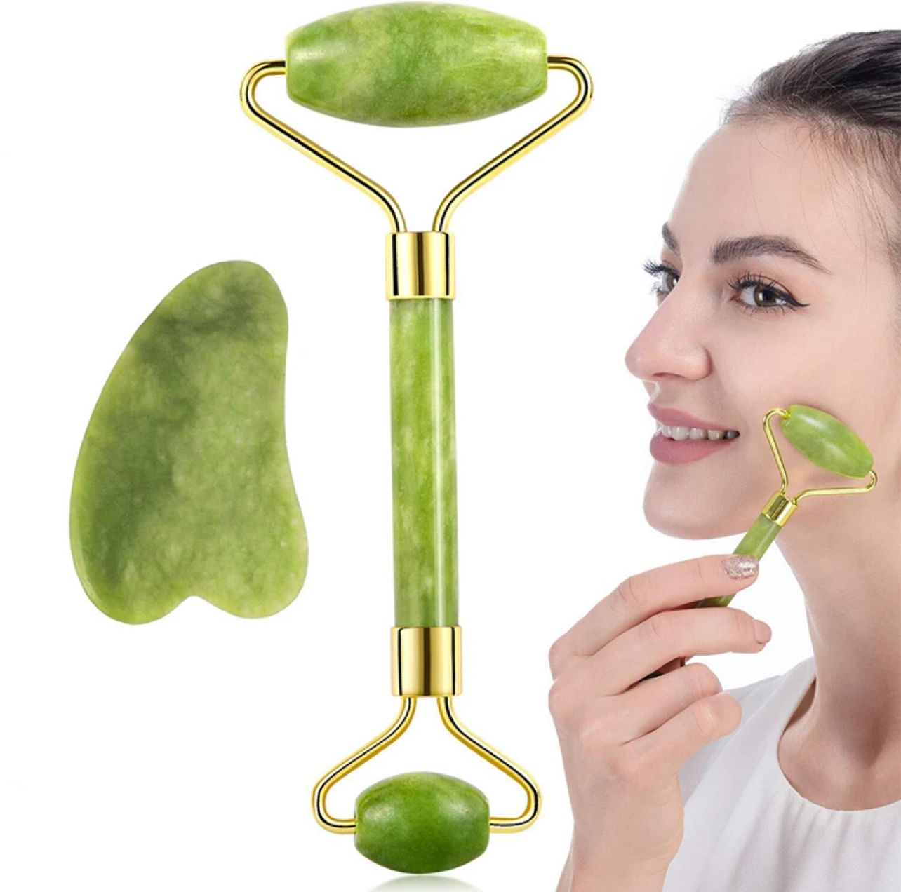 Close-up of a woman scraping her jawline with a green jade gua sha tool for facial lifting and contouring.