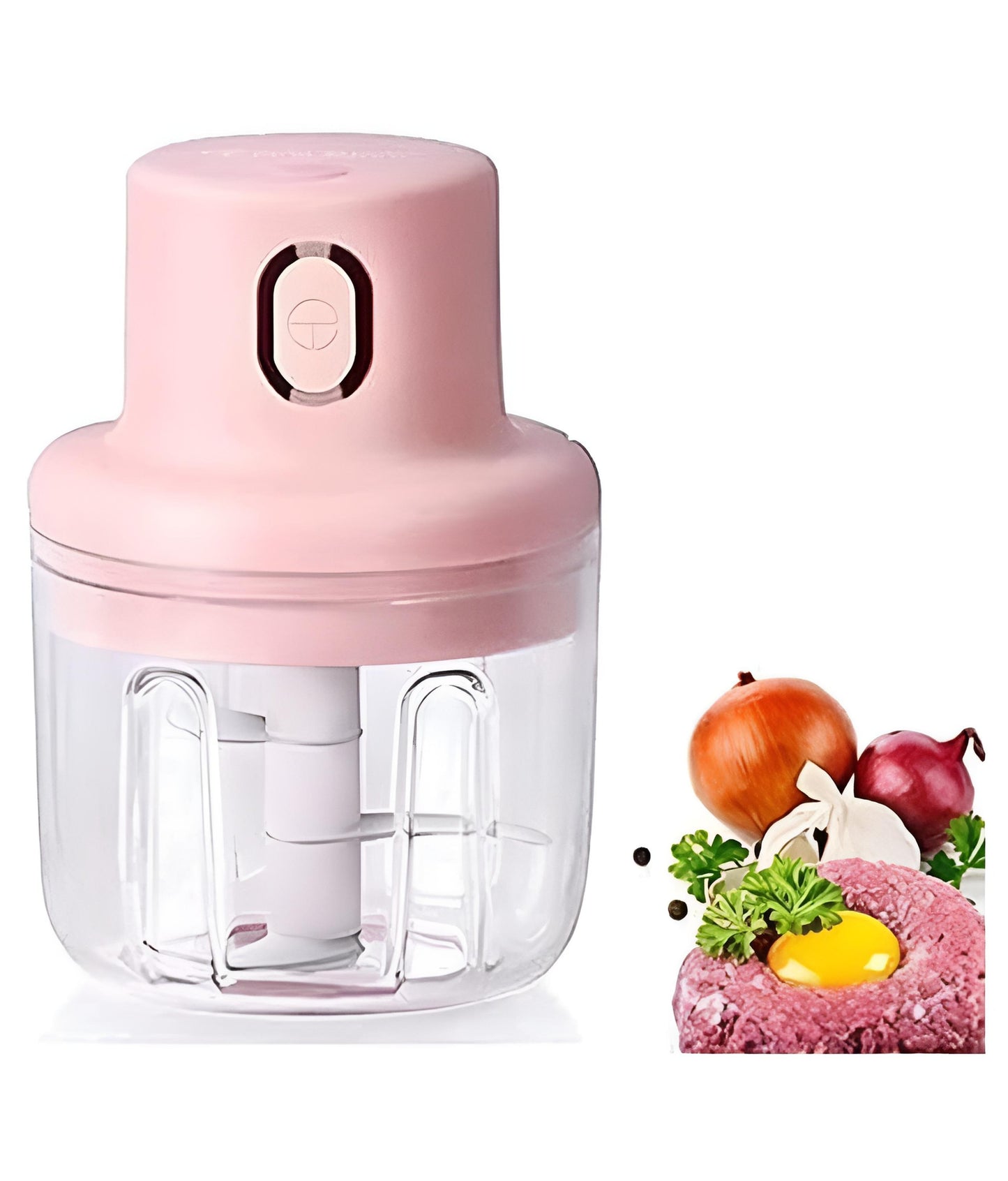 Close-up of a cordless mini portable food processor chopping fresh garlic cloves and green chilies inside a clear bowl.