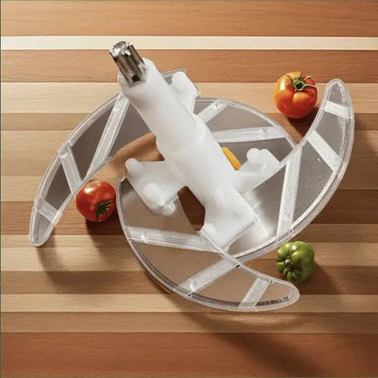 A person pressing down on a multifunctional vegetable chopper to instantly dice fresh onions and bell peppers into a clear container.