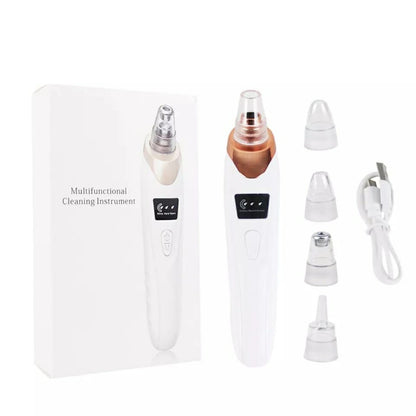 Close-up shot of a whitehead and blackhead remover vacuum tool extracting impurities from the nose pores.