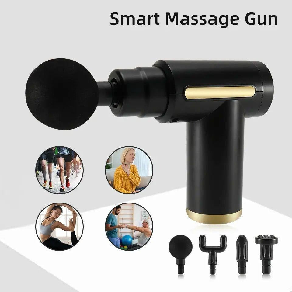 Close-up of an athlete using a black portable mini massage gun on their quad muscles for post-workout recovery.