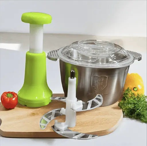 A person pressing down on a multifunctional vegetable chopper to instantly dice fresh onions and bell peppers into a clear container.