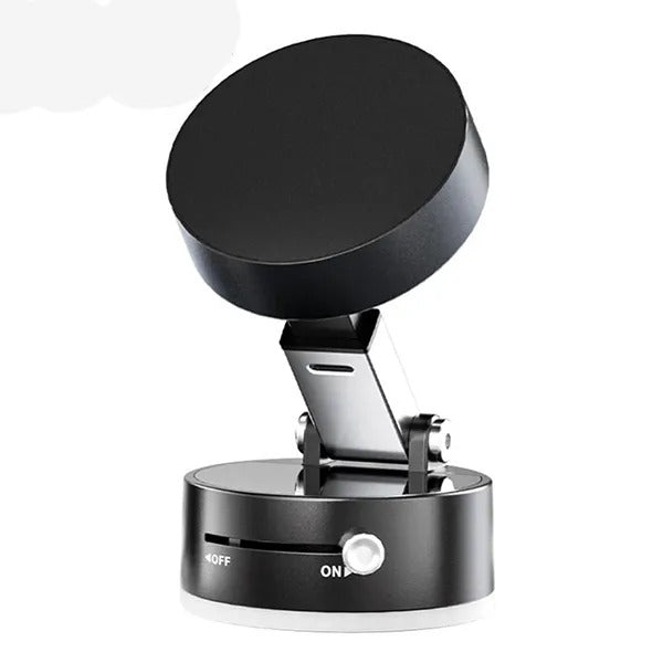 Close-up of an iPhone snapping securely onto a sleek magnetic car phone mount on a dashboard during a bumpy drive.