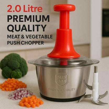 A person pressing down on a multifunctional vegetable chopper to instantly dice fresh onions and bell peppers into a clear container.