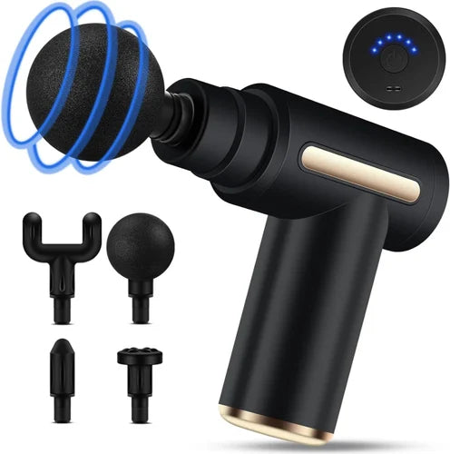 Close-up of an athlete using a black portable mini massage gun on their quad muscles for post-workout recovery.