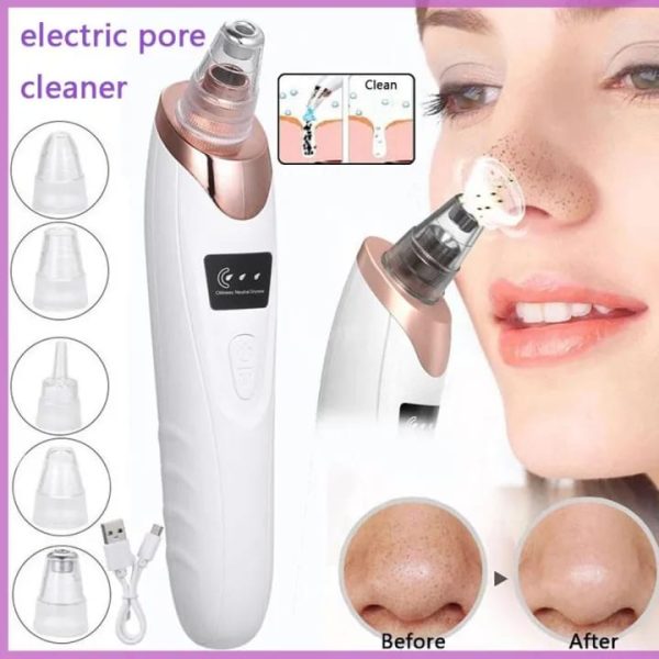 Close-up shot of a whitehead and blackhead remover vacuum tool extracting impurities from the nose pores.