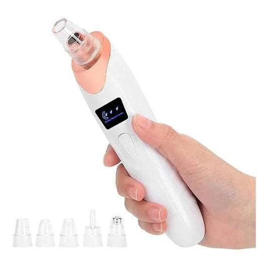 Close-up shot of a whitehead and blackhead remover vacuum tool extracting impurities from the nose pores.