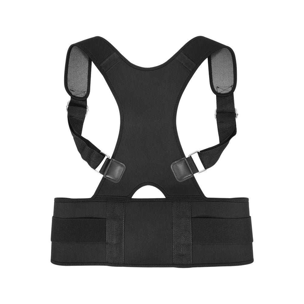 Close-up of a man wearing a black adjustable posture corrector belt over his t-shirt to fix rounded shoulders and hunchback.