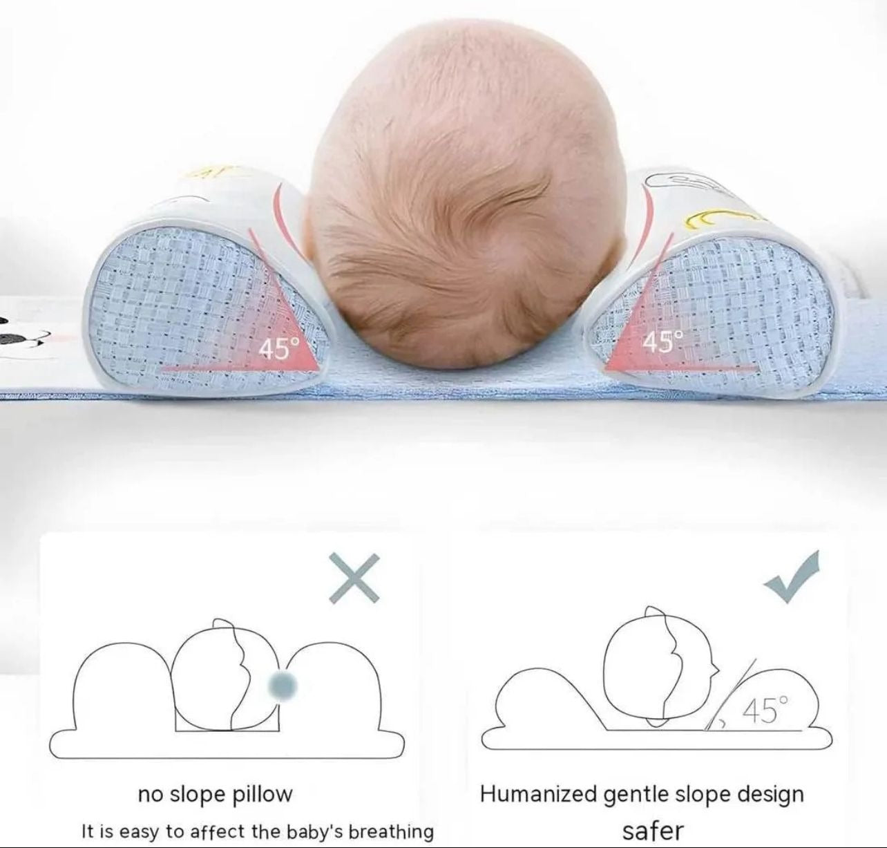 A newborn infant sleeping peacefully on a blue ergonomic baby head shaping pillow to prevent flat head syndrome in a crib.