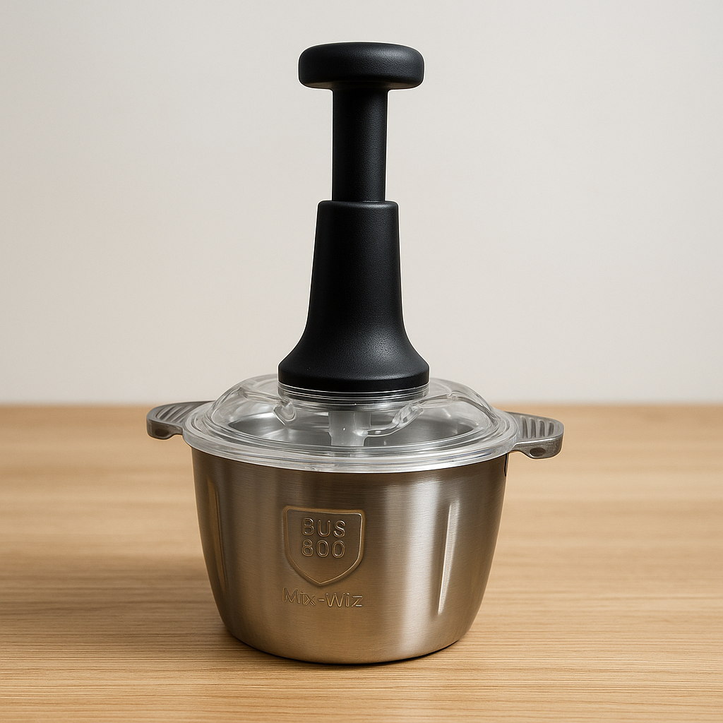 A person pressing down on a multifunctional vegetable chopper to instantly dice fresh onions and bell peppers into a clear container.