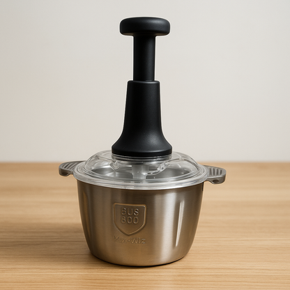 A person pressing down on a multifunctional vegetable chopper to instantly dice fresh onions and bell peppers into a clear container.