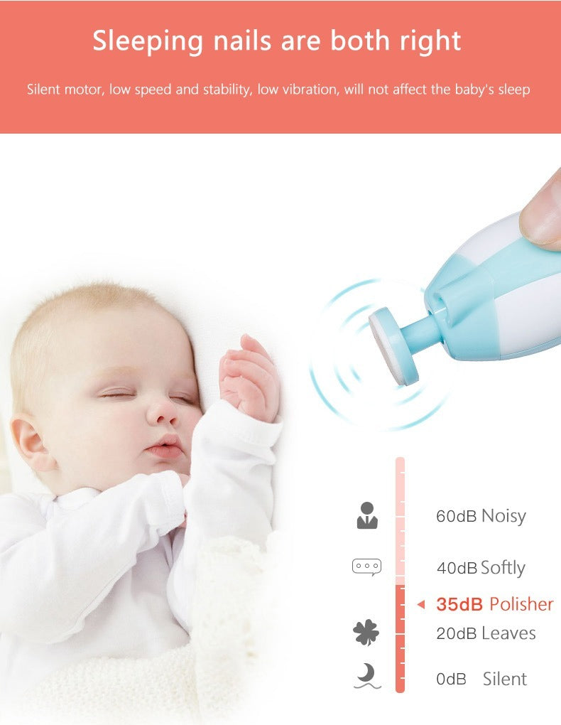 Close-up of a mother using a pink electric baby nail trimmer file on an infant's tiny hand during sleep.