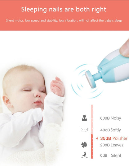 Close-up of a mother using a pink electric baby nail trimmer file on an infant's tiny hand during sleep.