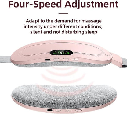 Close-up of a woman wearing a pink cordless menstrual heating pad belt around her waist for lower back and period cramp relief.