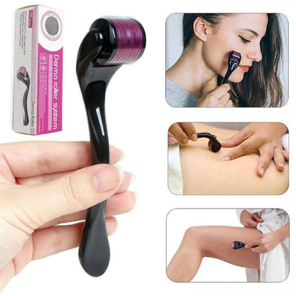 Close-up of a 0.5mm titanium microneedling derma roller being sanitized for professional at-home acne scar treatment.